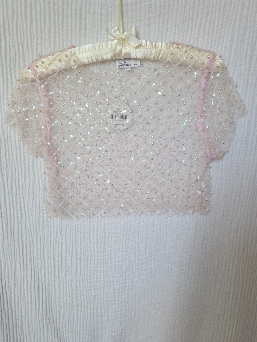 NWT Hot & Delicious Sheer Pink Pearl-Studded Crop Top
